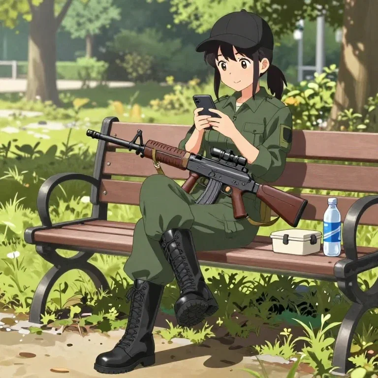 anime girl military outfit park bench