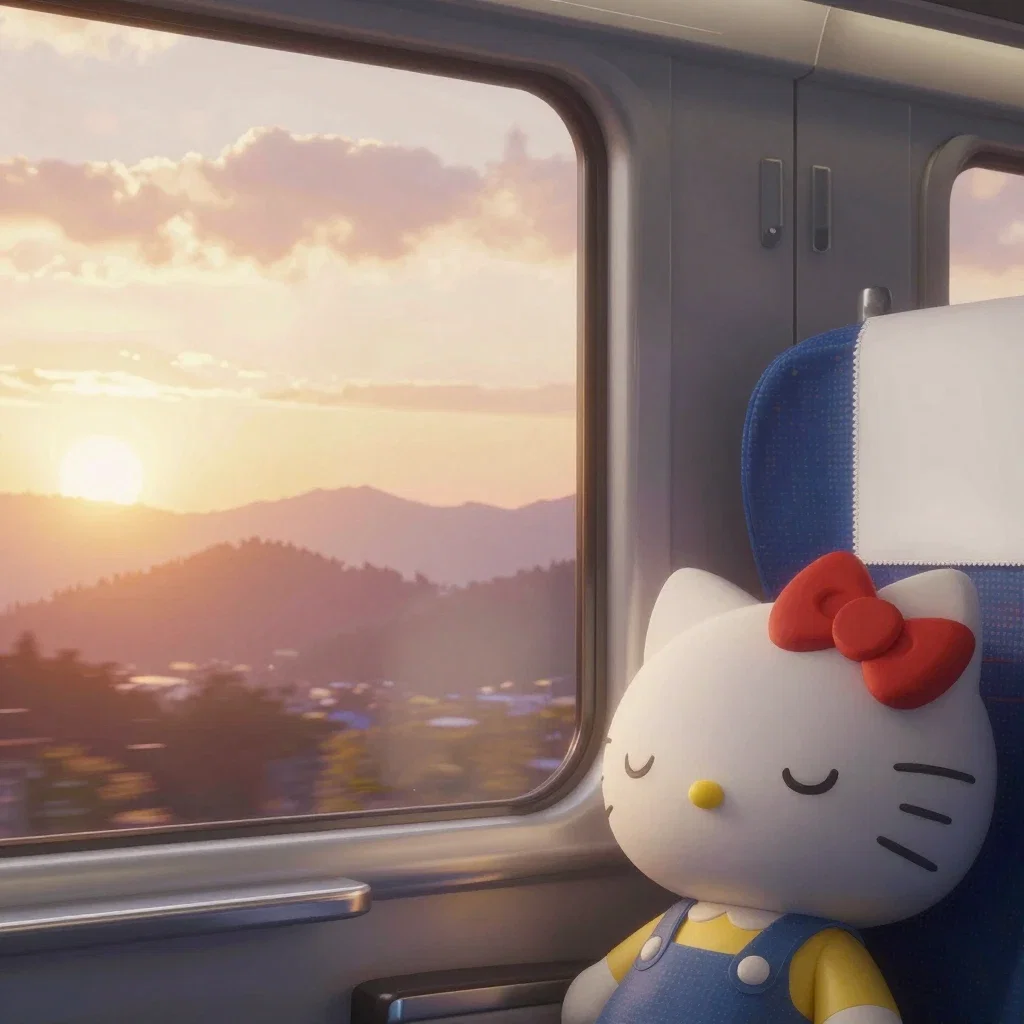 hello kitty sleeping on shinkansen sunset view