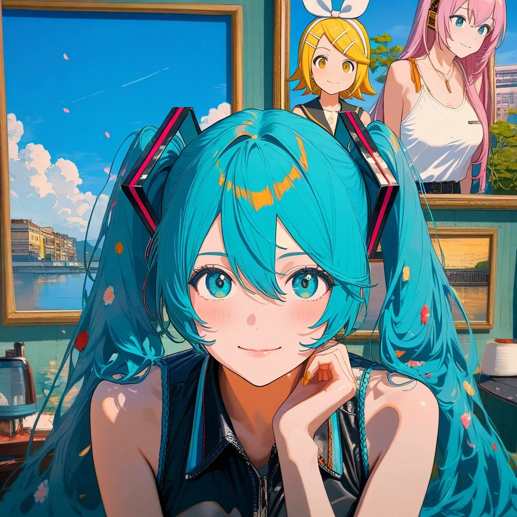 hatsune miku kagamine rin megurine luka meiko golden hour sunlight
