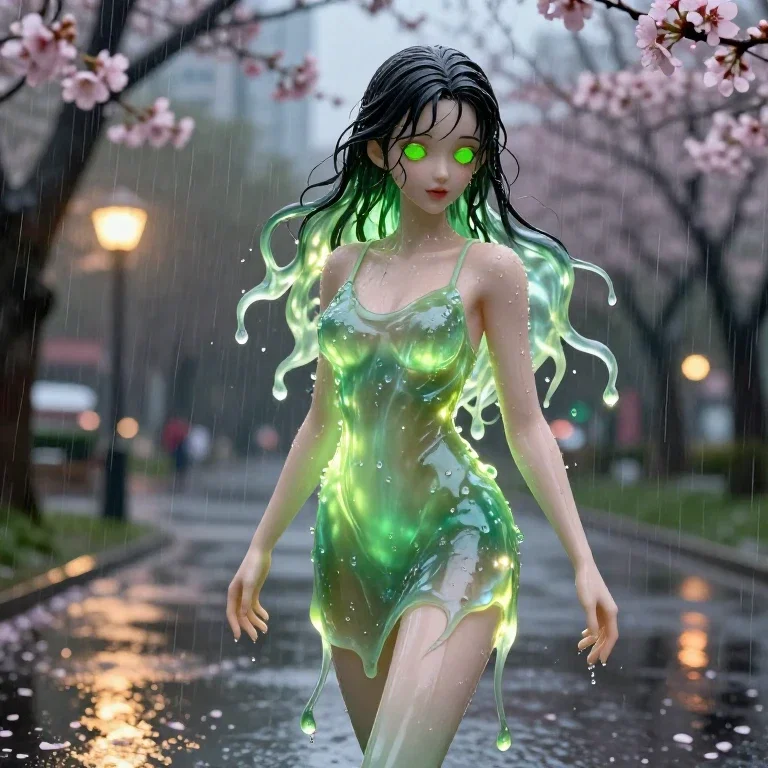 stunning woman in spring rain urban park