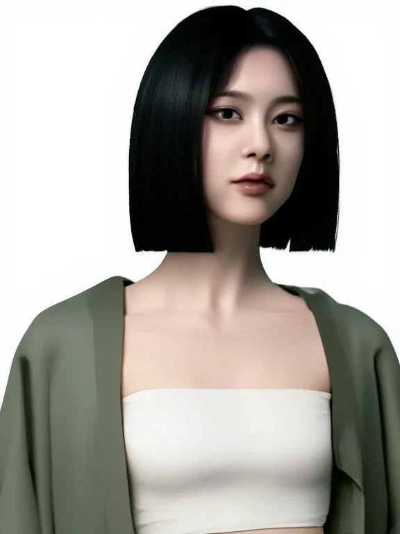 asian woman in white tube top with black bob hair