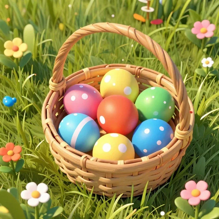 easter eggs in basket on green grass