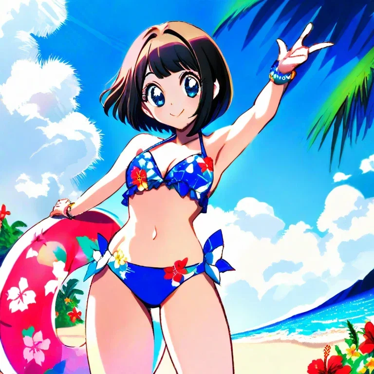 anime girl beach smile blue hair