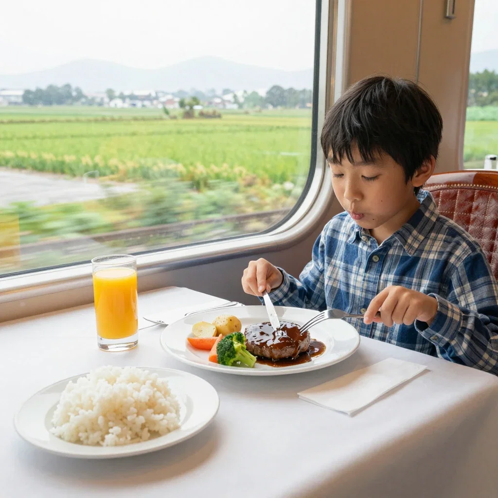 japanese boy eating hamburger steak on shinkansen