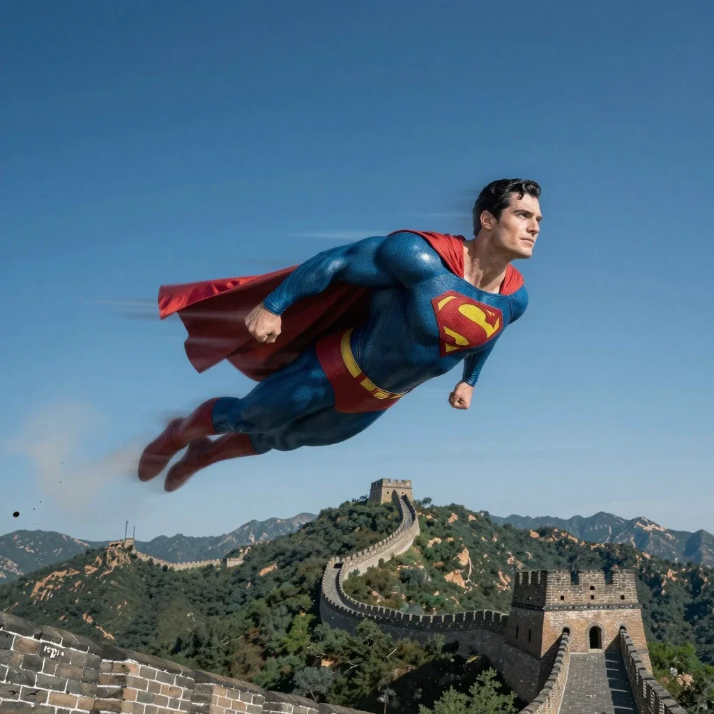 superman flying over great wall of china