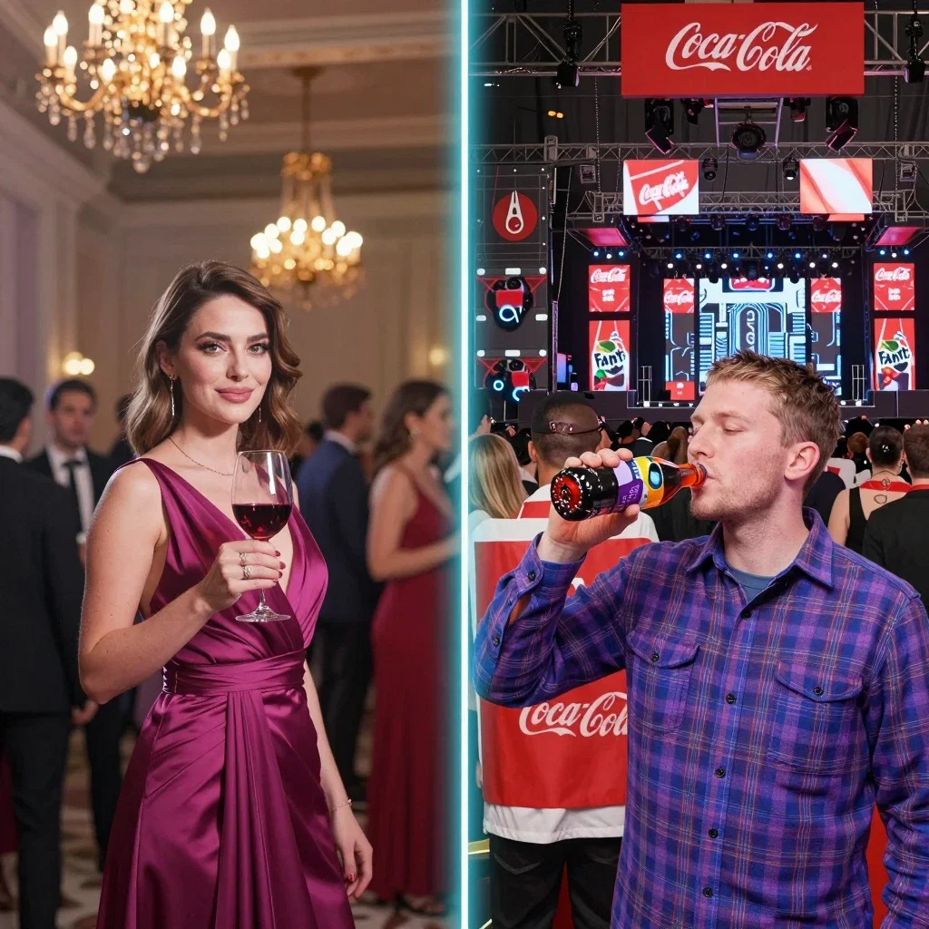 elegant woman magenta dress red wine vibrant man blue purple flannel fanta grape split screen