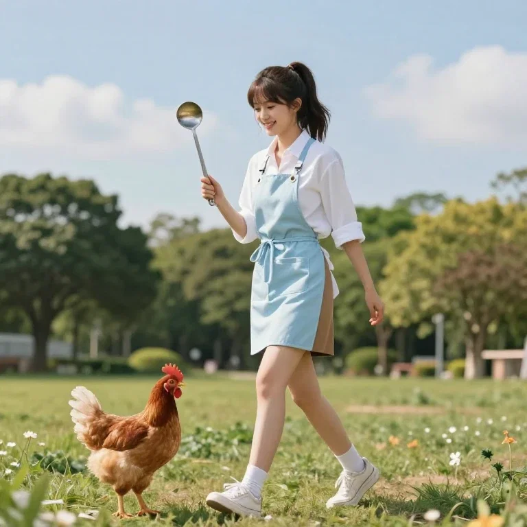 cheerful girl walks with chicken in park