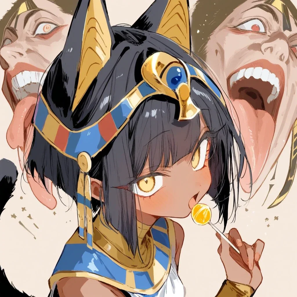 ancient egyptian girl with cat ears and lollipop