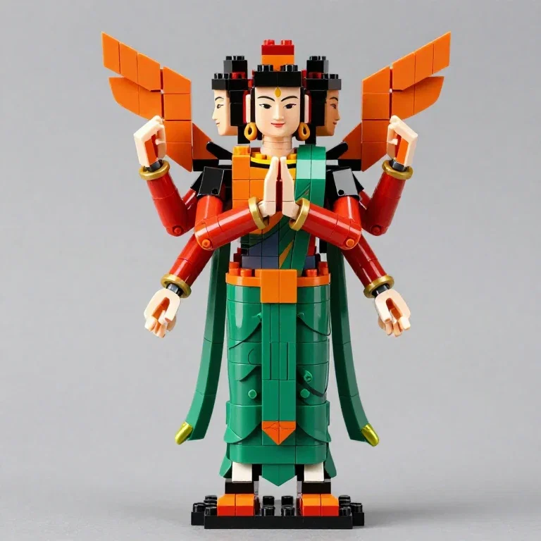 statue of deity with multiple arms and robot figure