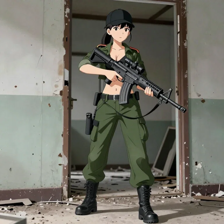 anime girl military outfit rifle abandoned house
