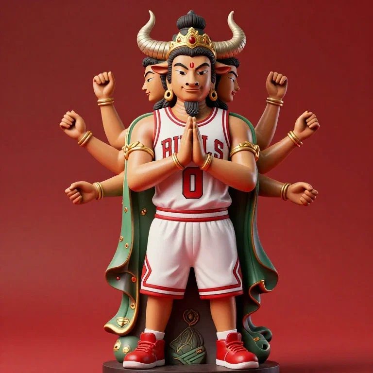statue of deity and cartoon bull