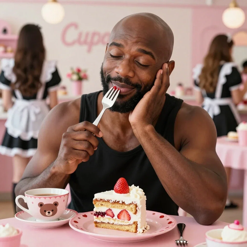 muscular man enjoying cake in cute shop