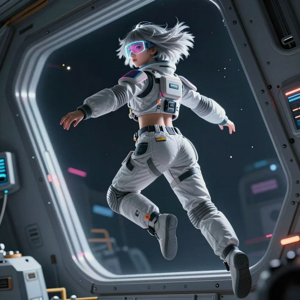 cyberpunk korean woman floating space hatch
