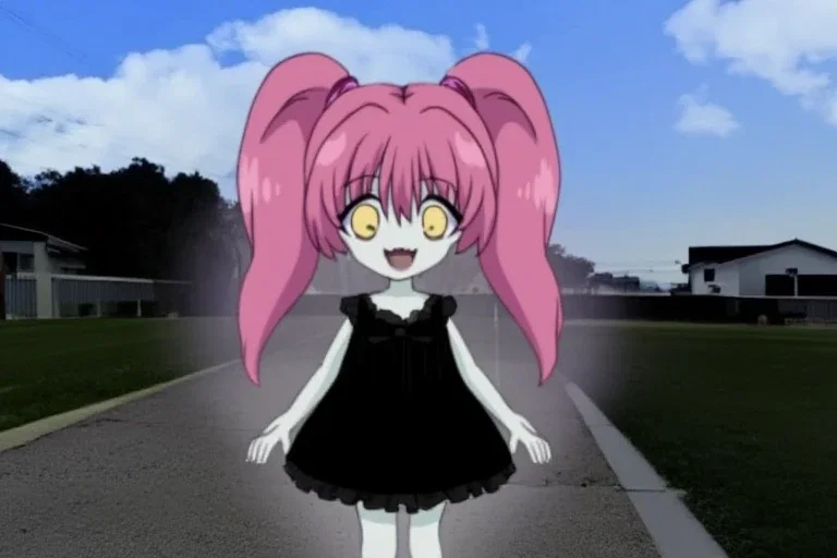 cursed anime girl pink pigtails lolita dress