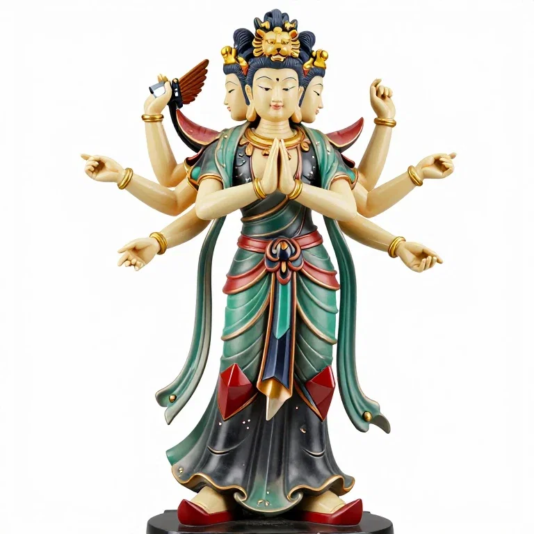 statue of multi armed deity and mecha model