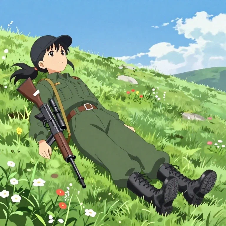 anime girl military outfit rifle hillside