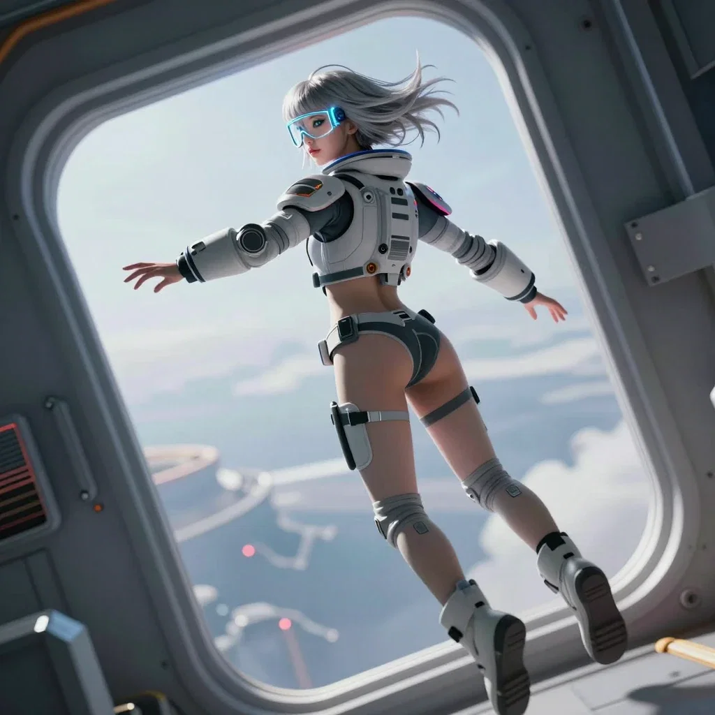 cyberpunk korean woman floating space hatch