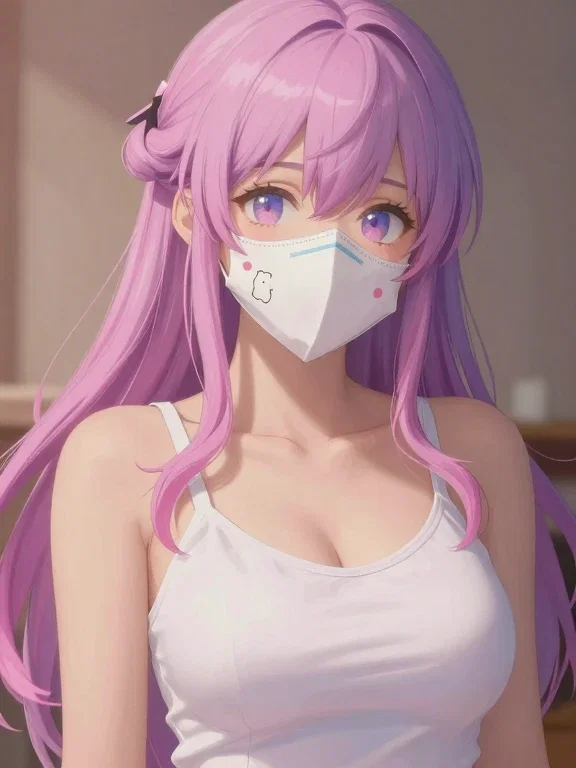 female high school student pink purple hair mask