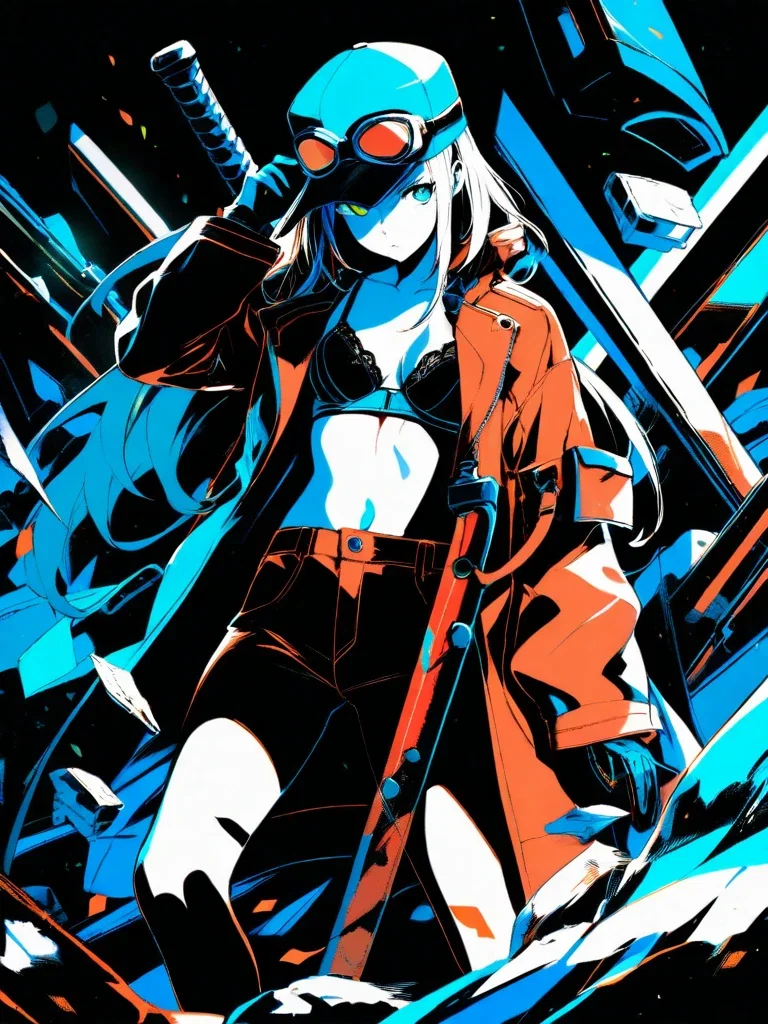artistic woman in cool colors with junk sword