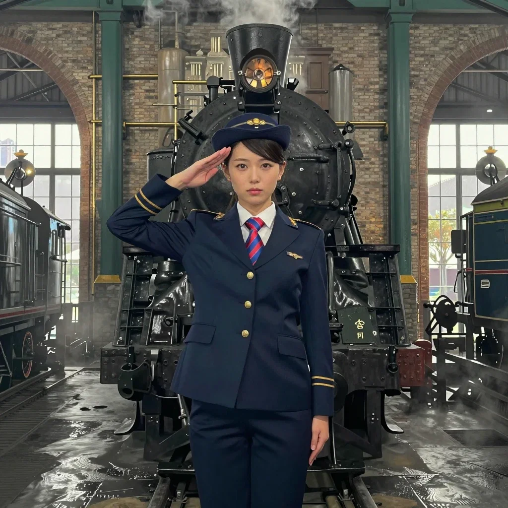 japanese railway idol in uniform saluting in locomotive shed