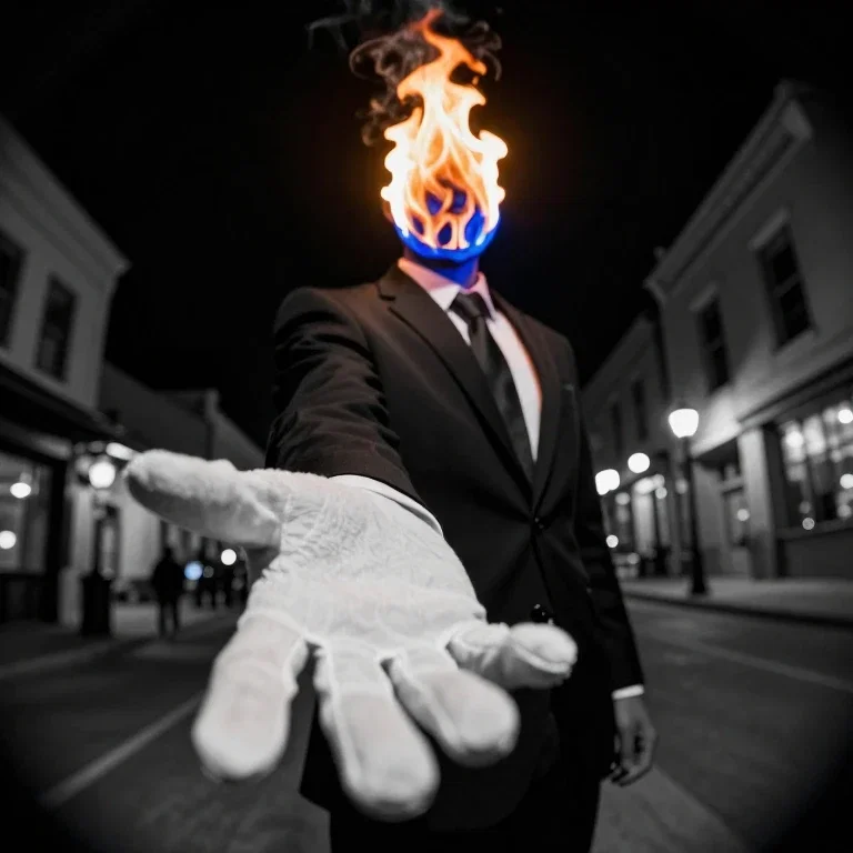 toned male black suit blue fire night town