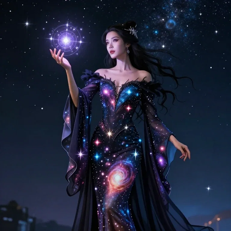 mysterious witch wields magic under starry sky