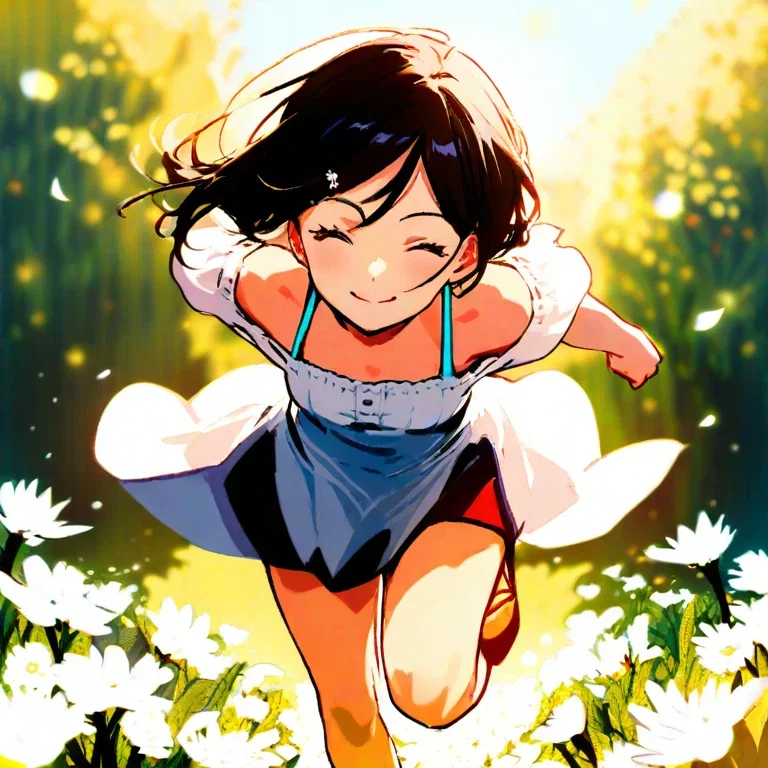 girl smiling in summer dress running through flower field