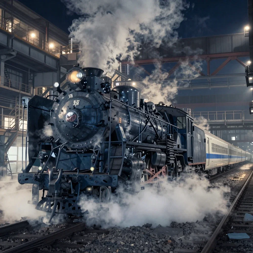 japanese steam locomotive hauling shinkansen in factory