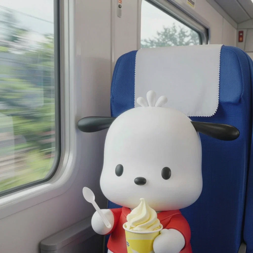 pochacco enjoys banana ice cream on shinkansen