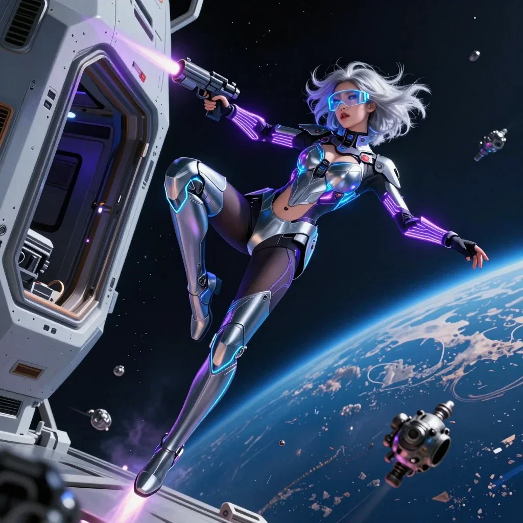 cyberpunk woman zero gravity space action