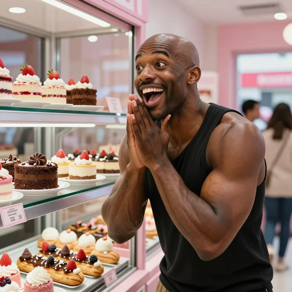 bald muscular man admires strawberry shortcake