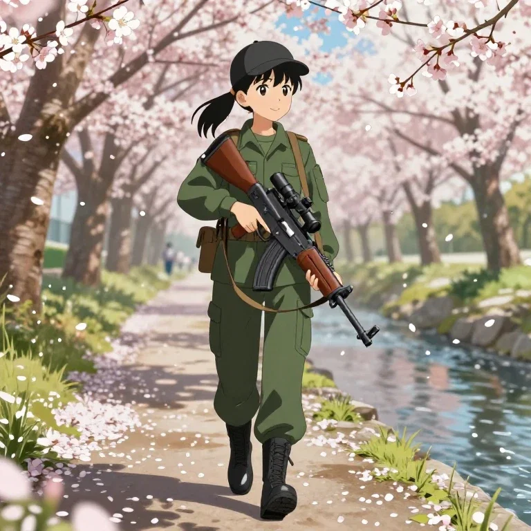 anime girl military outfit cherry blossom stream