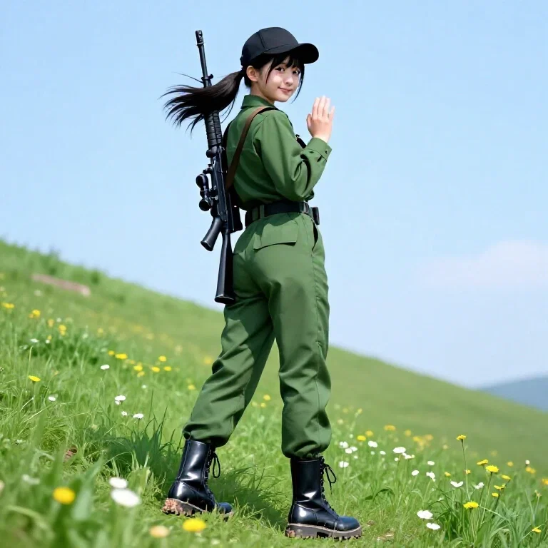 japanese girl military outfit rifle mountain slope