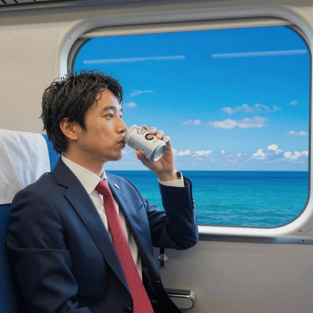 japanese businessman on shinkansen with coffee