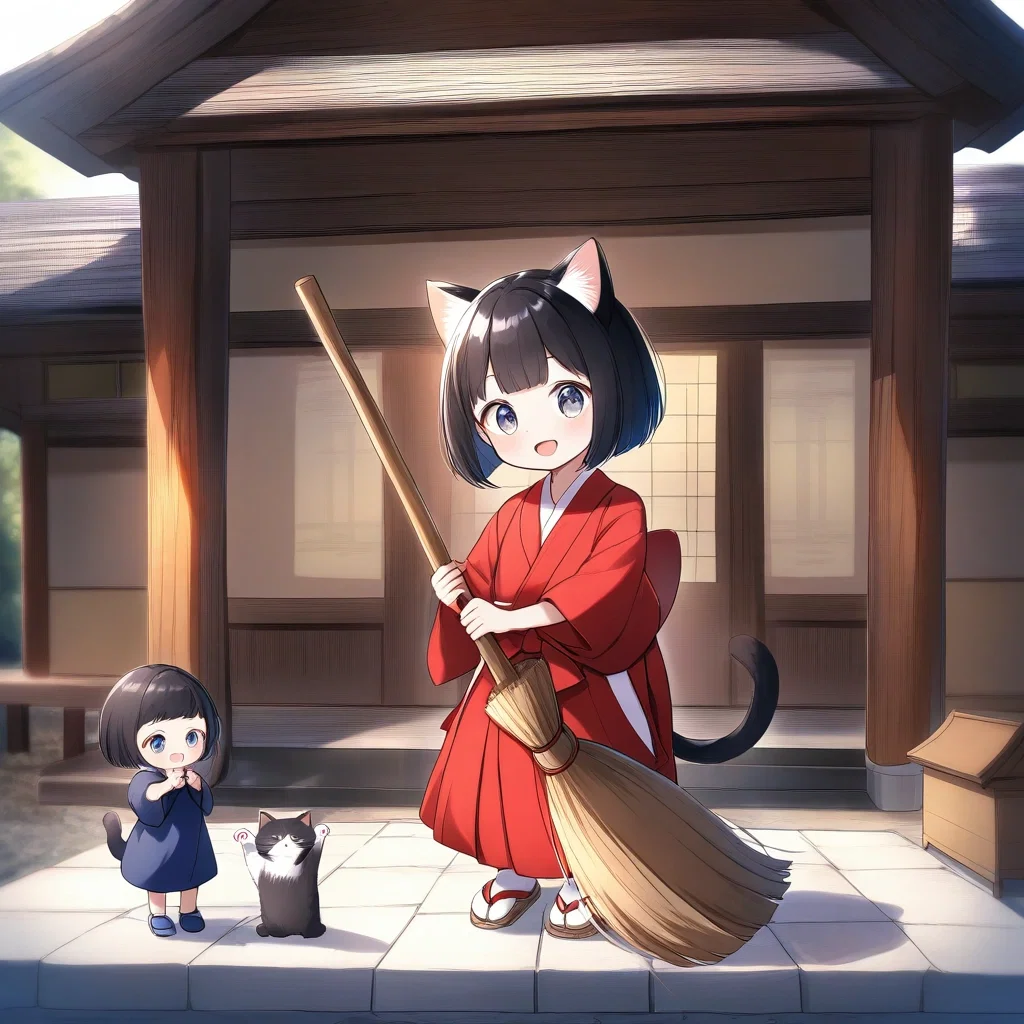 black hair bob cut cat ears child shrine maiden training