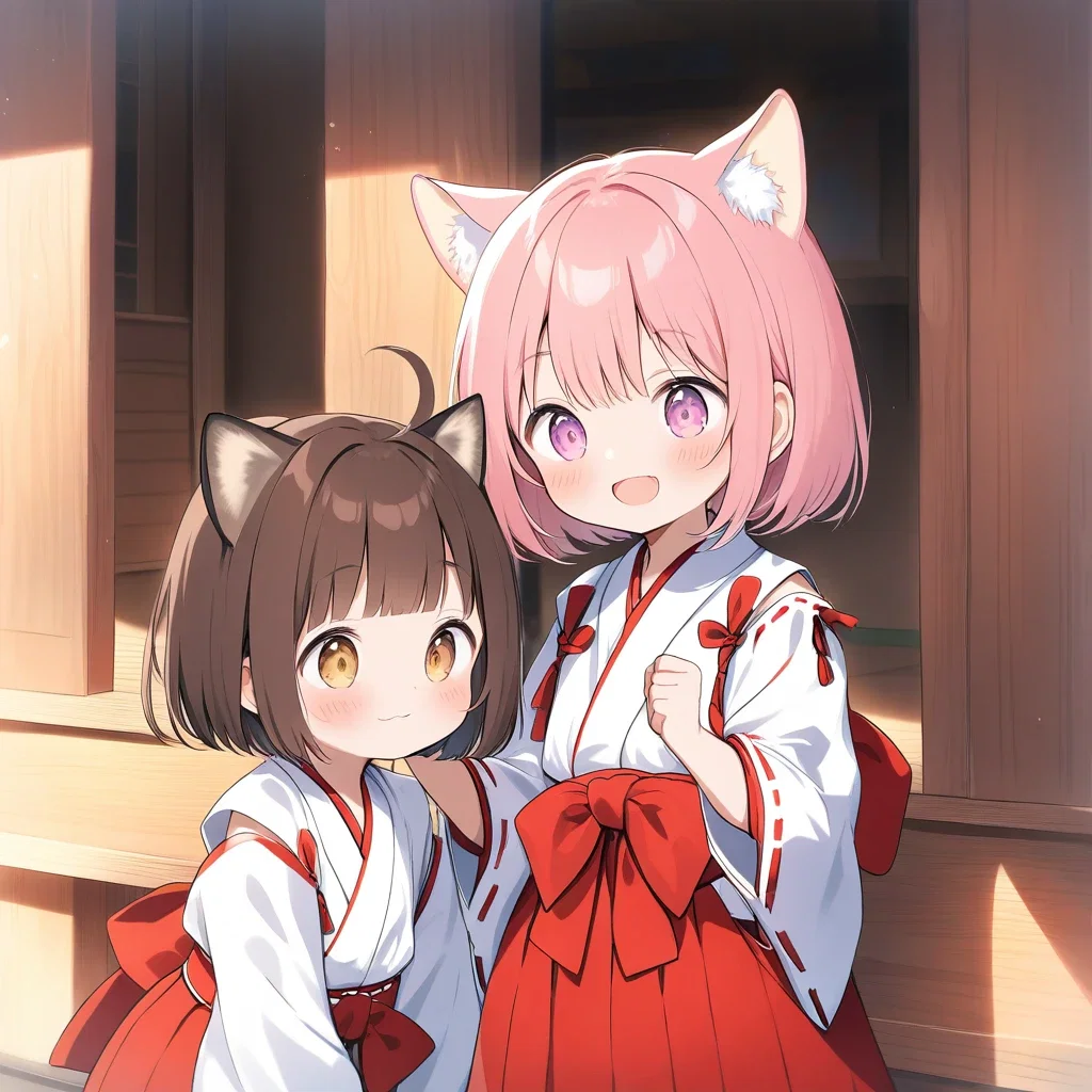 pink hair bob cut cat ears child shrine maiden