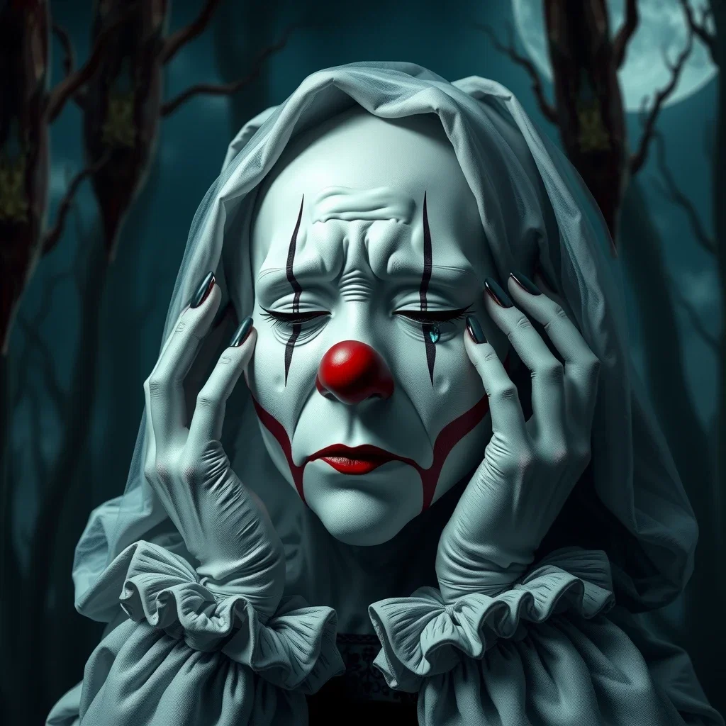 melancholic white clown in enchanted forest