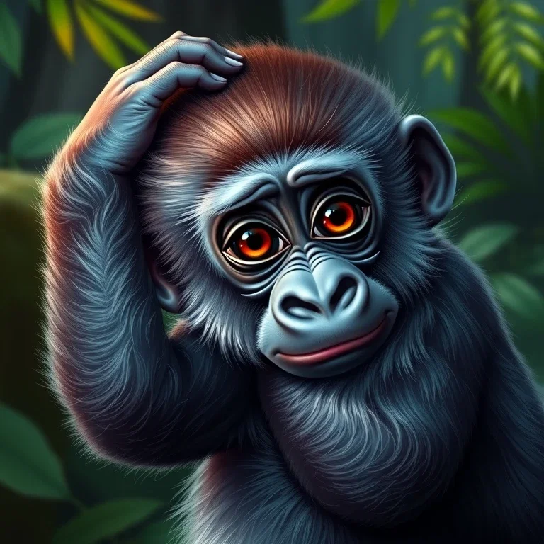 baby gorilla scratching head jungle background