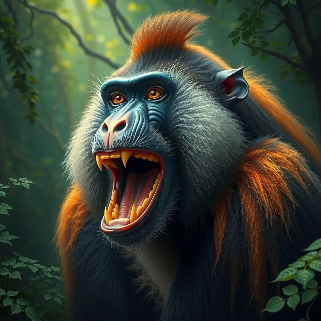 ancient mandrill fantasy art jungle background hyperrealistic
