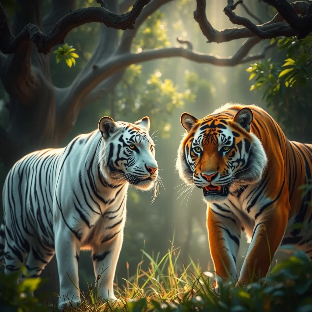 fantasy art white bengal tiger stare jungle clearing