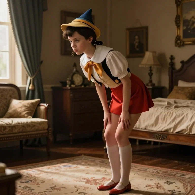 pinocchio as realistic young woman curtsying 19th century bedroom