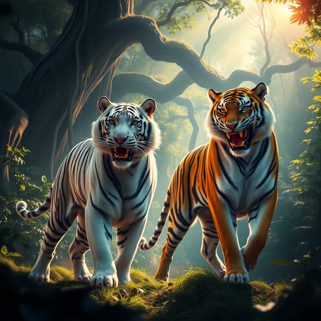 fantasy art tigers sun dappled glade jungle