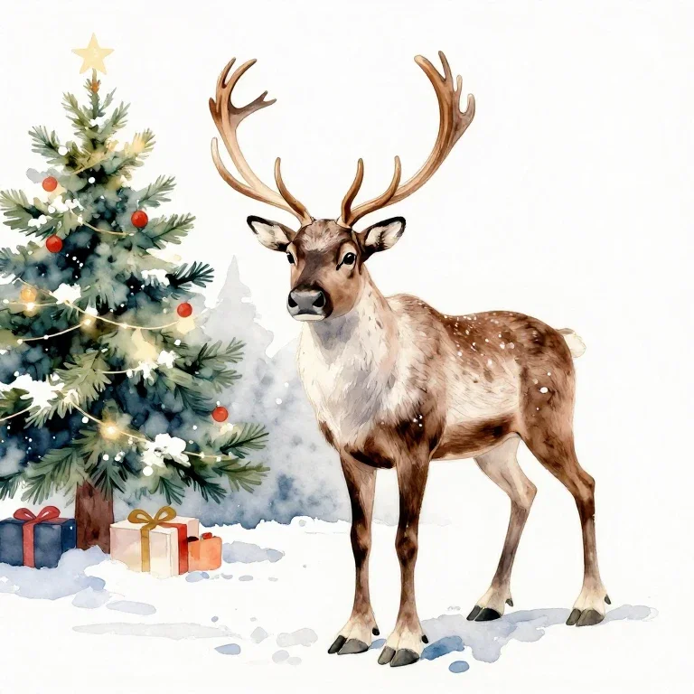 watercolor christmas reindeer soft lighting detailed