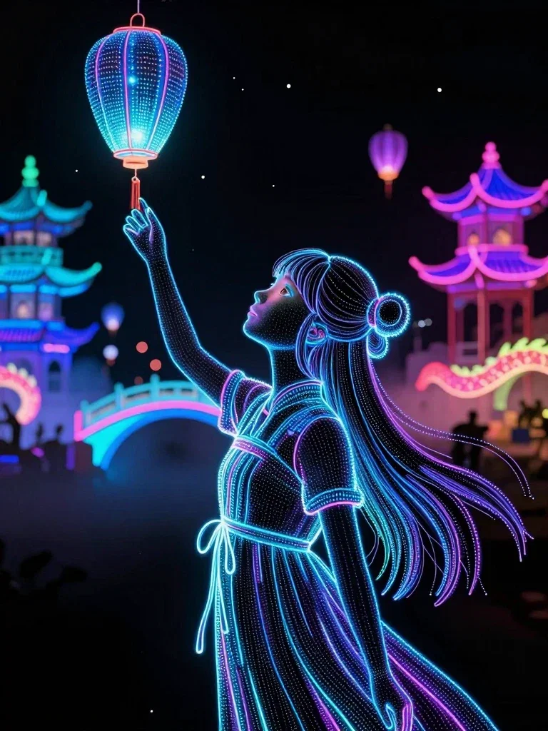 girl lantern festival neon pointillism art