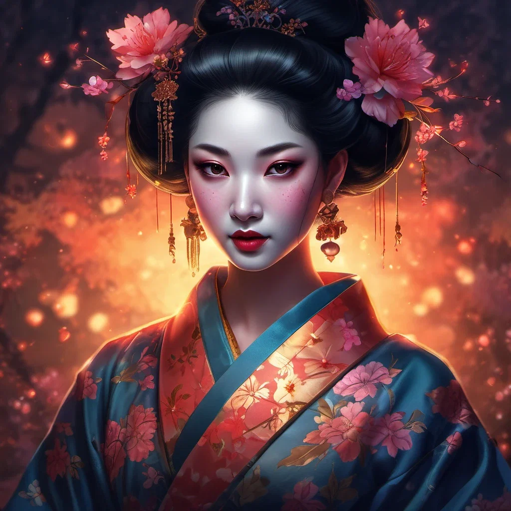 geisha portrait intricate kimono luminous skin expressive eyes