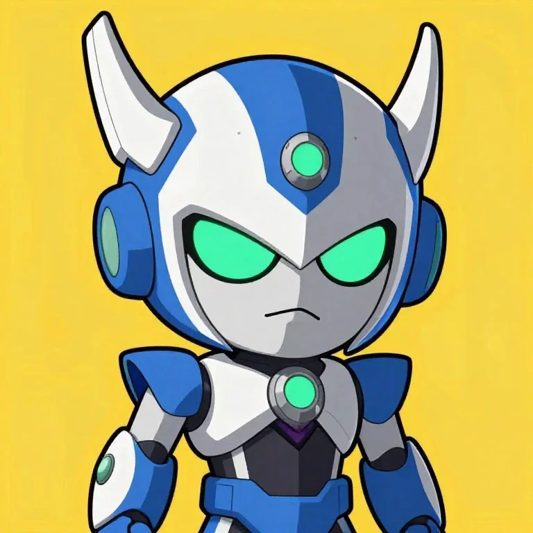 stylized robotic character with blue white gray colors