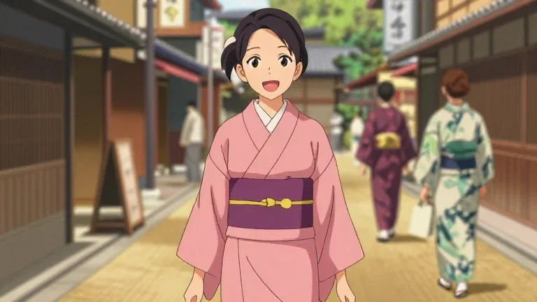 anime smiling woman pink kimono kyoto backstreet