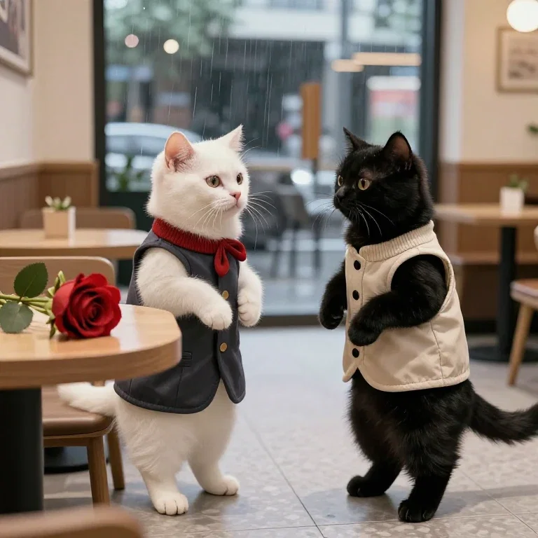 cats discussing love in cafeteria
