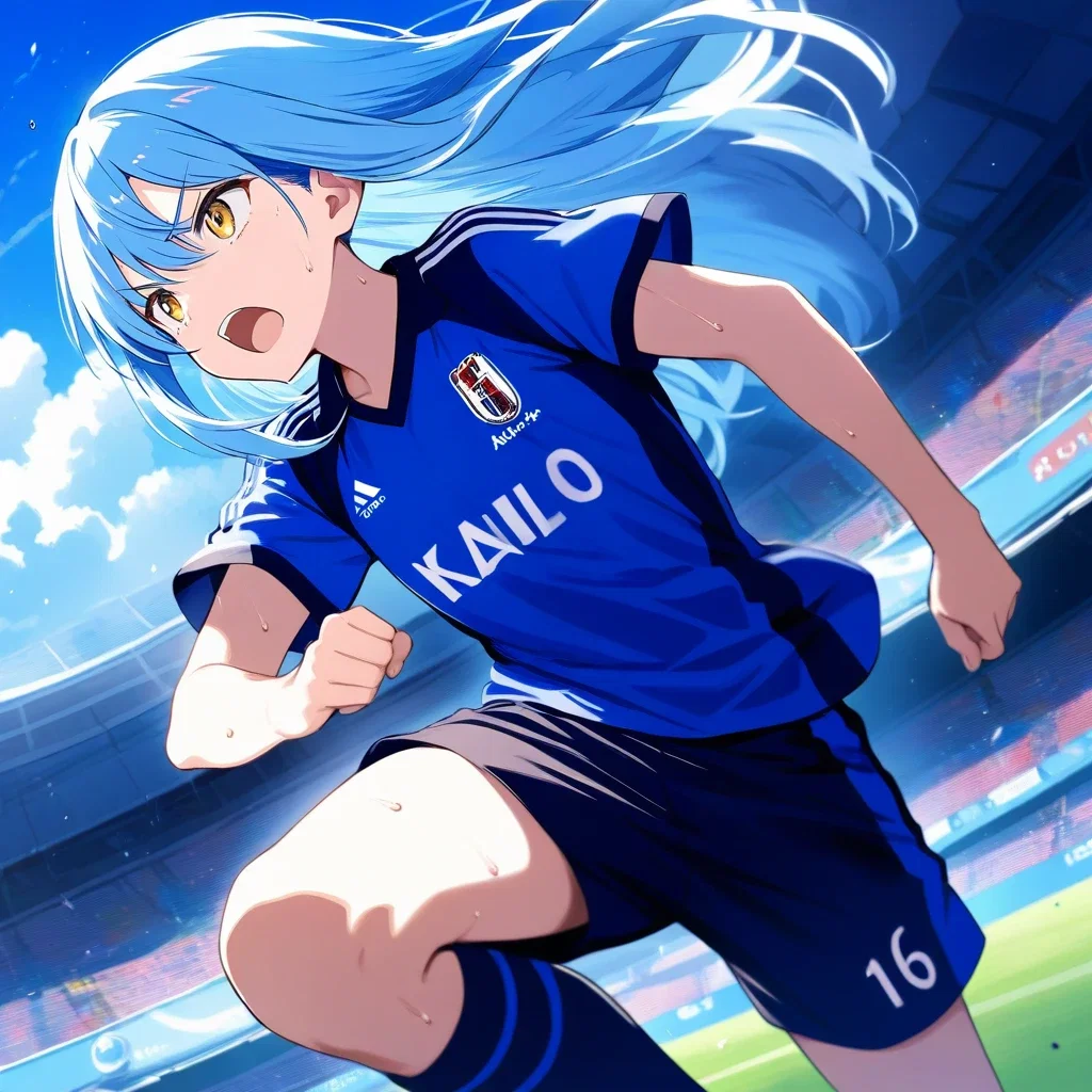 blue haired soccer player running dynamic pose