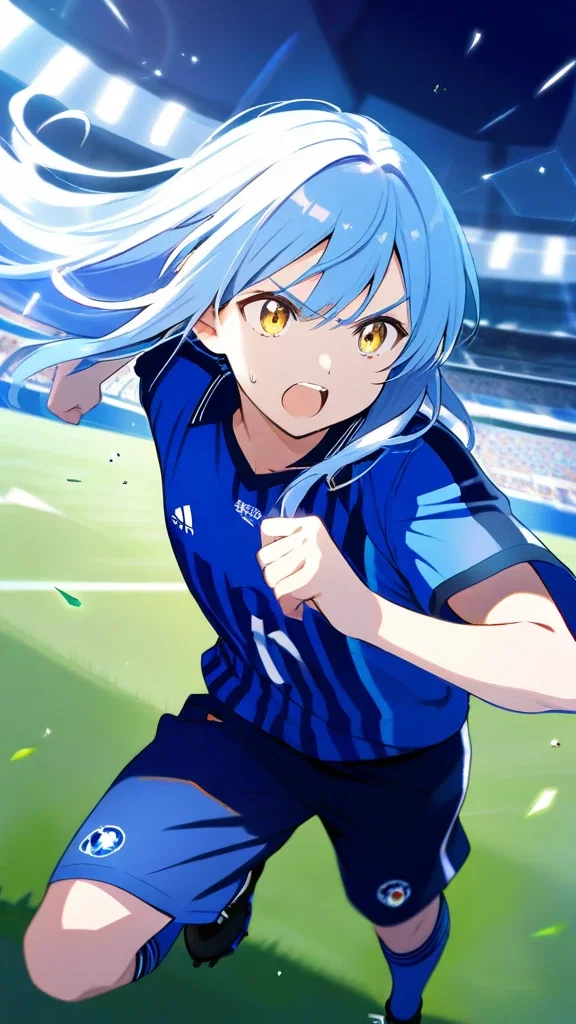 blue haired soccer player running dynamic pose